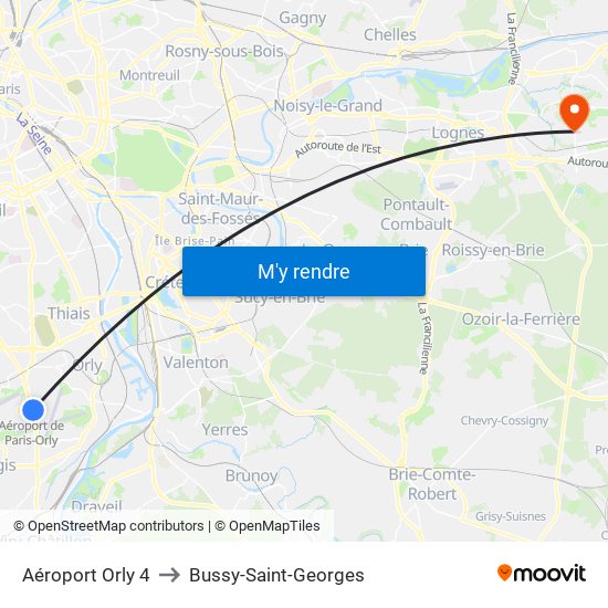 Aéroport Orly 4 to Bussy-Saint-Georges map