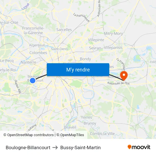 Boulogne-Billancourt to Bussy-Saint-Martin map