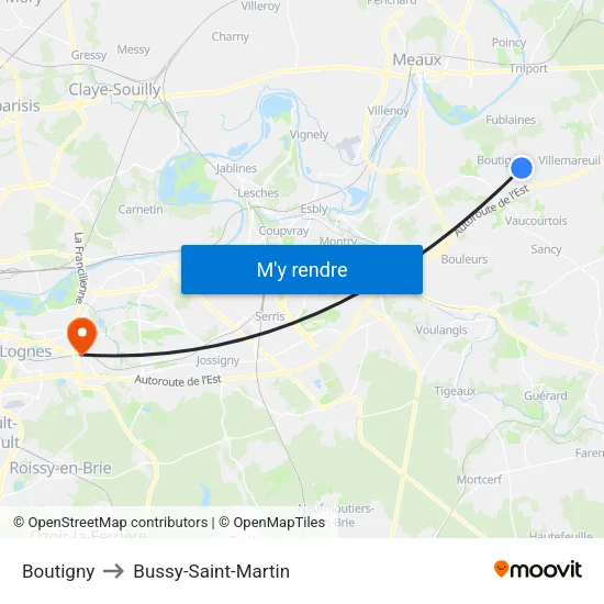 Boutigny to Bussy-Saint-Martin map