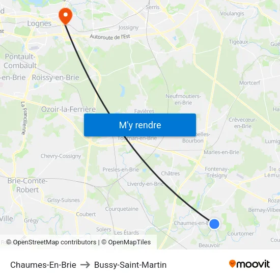 Chaumes-En-Brie to Bussy-Saint-Martin map