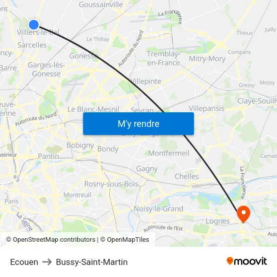 Ecouen to Bussy-Saint-Martin map