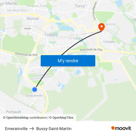 Emerainville to Bussy-Saint-Martin map