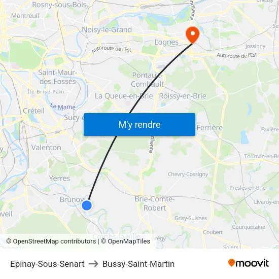 Epinay-Sous-Senart to Bussy-Saint-Martin map