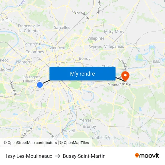 Issy-Les-Moulineaux to Bussy-Saint-Martin map