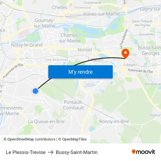 Le Plessis-Trevise to Bussy-Saint-Martin map