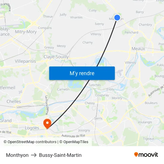 Monthyon to Bussy-Saint-Martin map