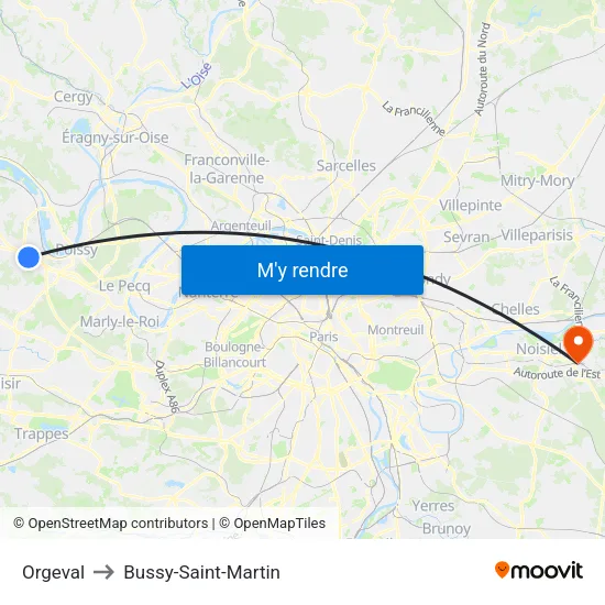 Orgeval to Bussy-Saint-Martin map