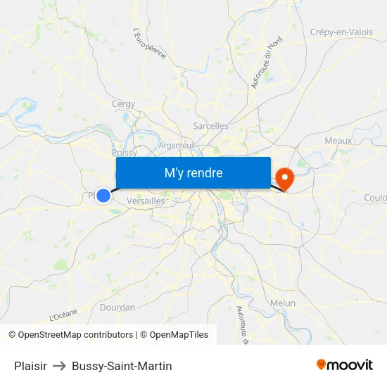 Plaisir to Bussy-Saint-Martin map