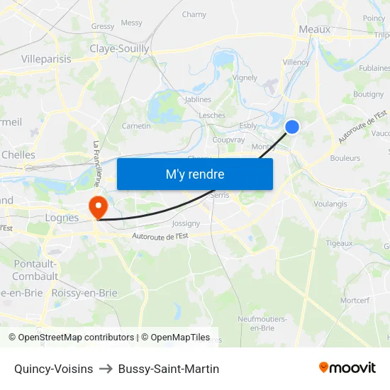 Quincy-Voisins to Bussy-Saint-Martin map