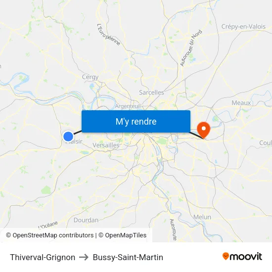 Thiverval-Grignon to Bussy-Saint-Martin map