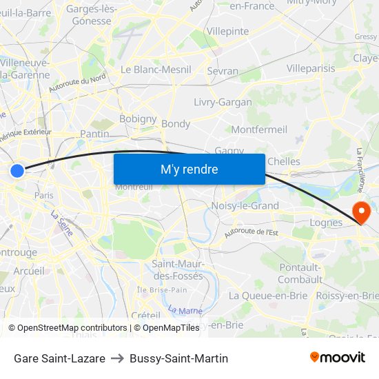 Gare Saint-Lazare to Bussy-Saint-Martin map