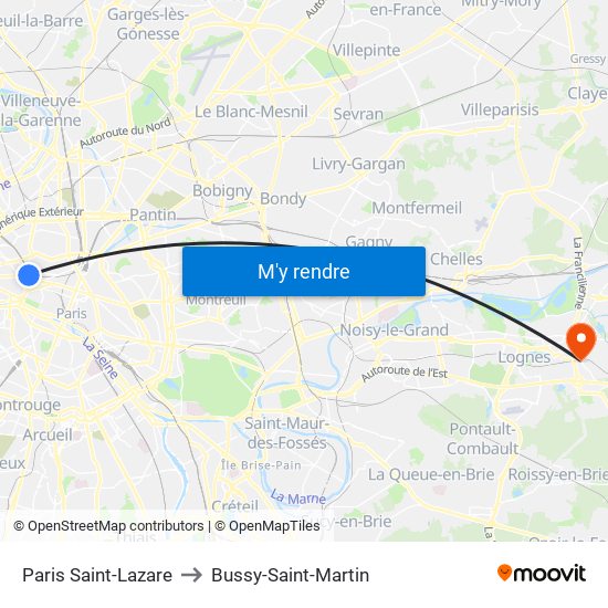 Paris Saint-Lazare to Bussy-Saint-Martin map