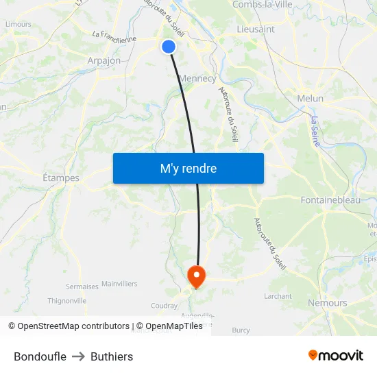 Bondoufle to Buthiers map