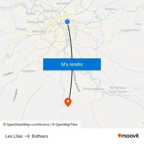 Les Lilas to Buthiers map