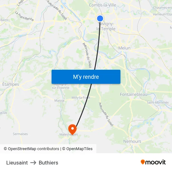 Lieusaint to Buthiers map