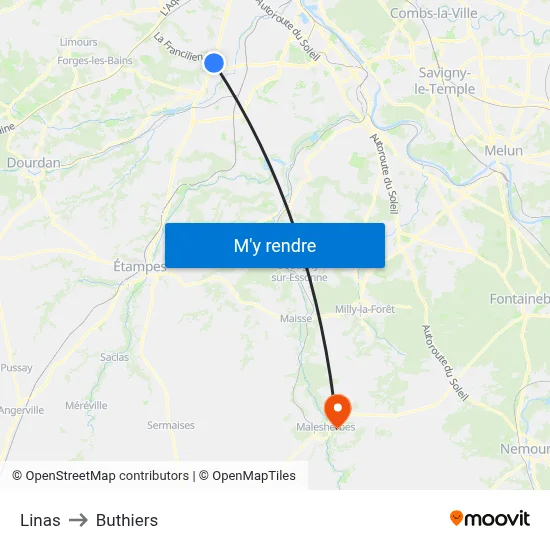Linas to Buthiers map
