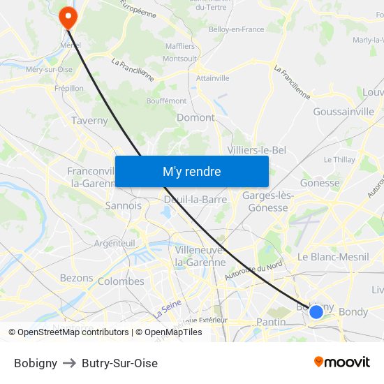 Bobigny to Butry-Sur-Oise map