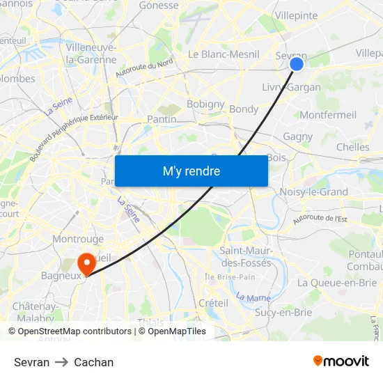 Sevran to Cachan map