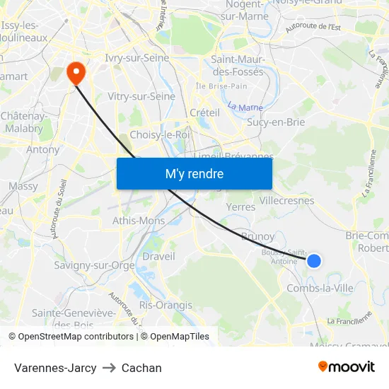 Varennes-Jarcy to Cachan map