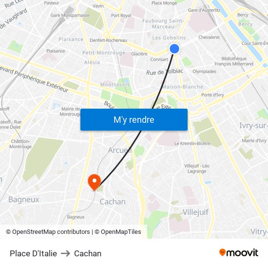 Place D'Italie to Cachan map