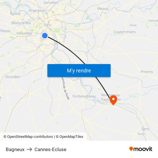 Bagneux to Cannes-Ecluse map