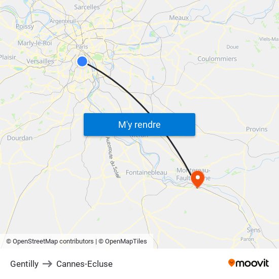 Gentilly to Cannes-Ecluse map