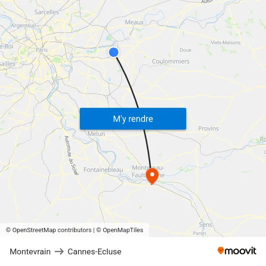 Montevrain to Cannes-Ecluse map