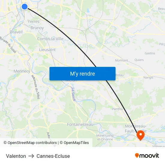 Valenton to Cannes-Ecluse map