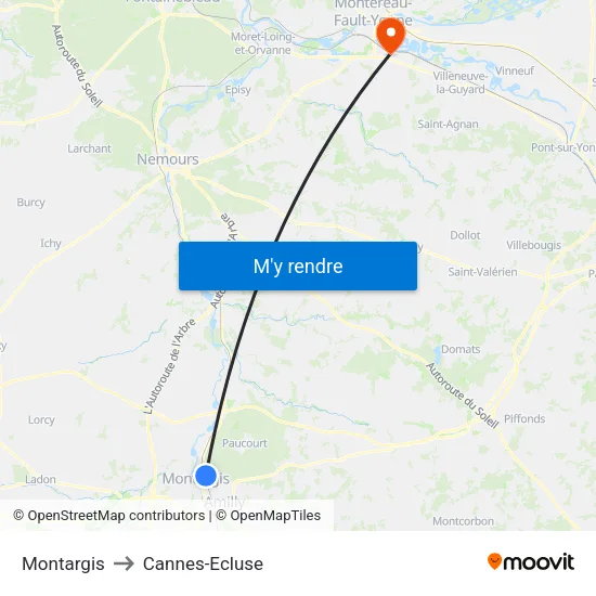 Montargis to Cannes-Ecluse map