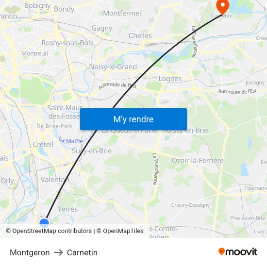 Montgeron to Carnetin map
