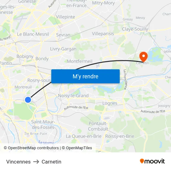 Vincennes to Carnetin map