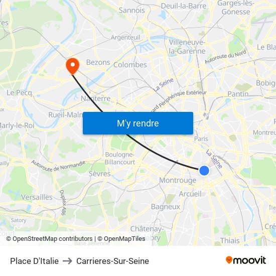 Place D'Italie to Carrieres-Sur-Seine map