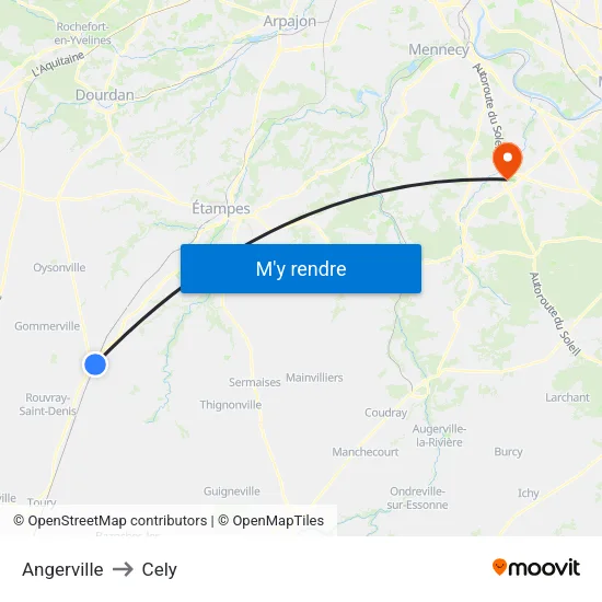 Angerville to Cely map