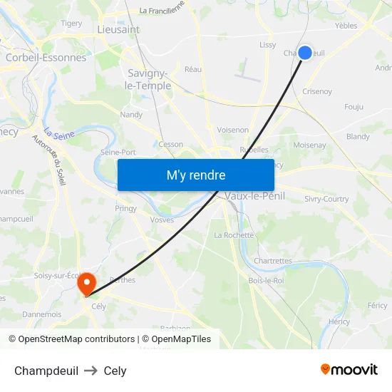 Champdeuil to Cely map