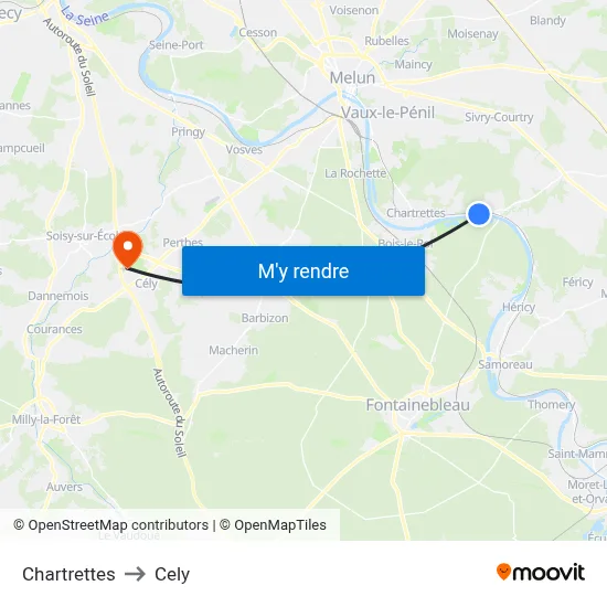 Chartrettes to Cely map