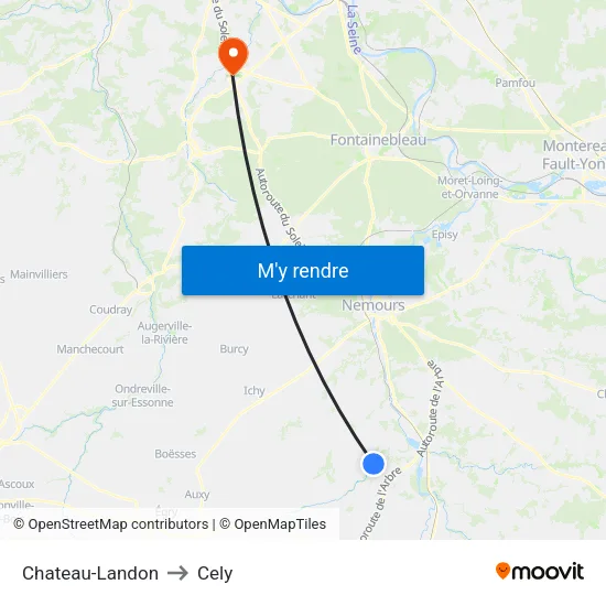 Chateau-Landon to Cely map