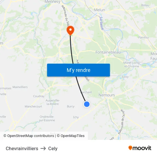 Chevrainvilliers to Cely map