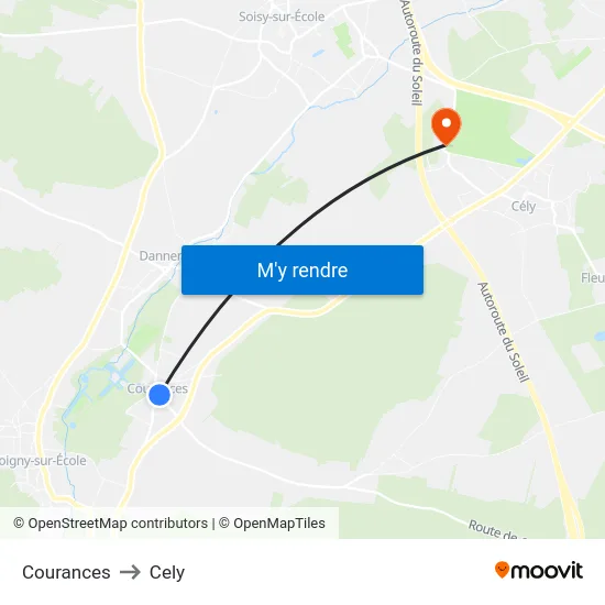 Courances to Cely map