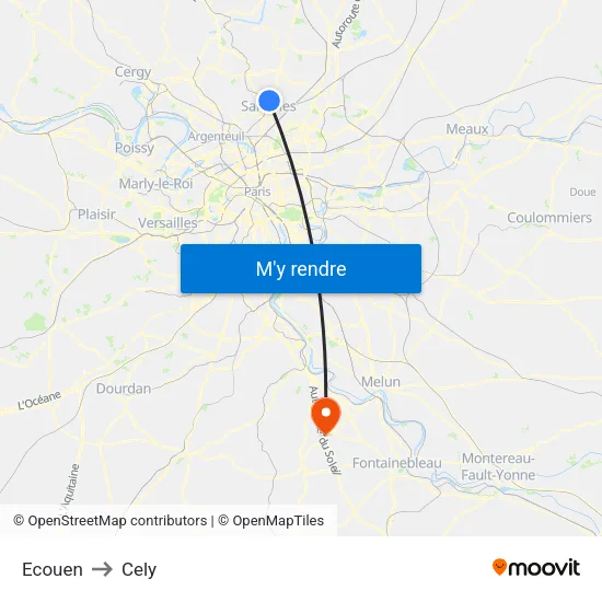 Ecouen to Cely map