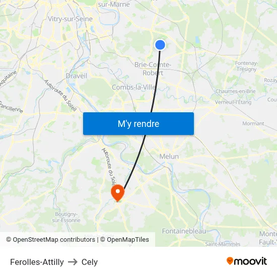 Ferolles-Attilly to Cely map