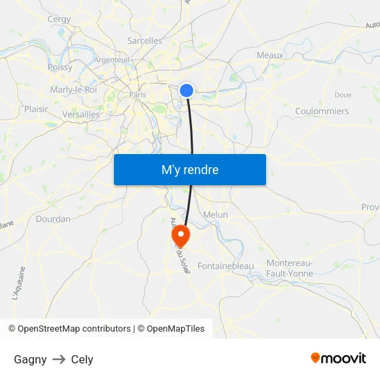 Gagny to Cely map
