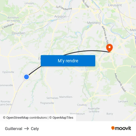 Guillerval to Cely map