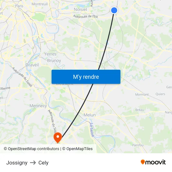 Jossigny to Cely map