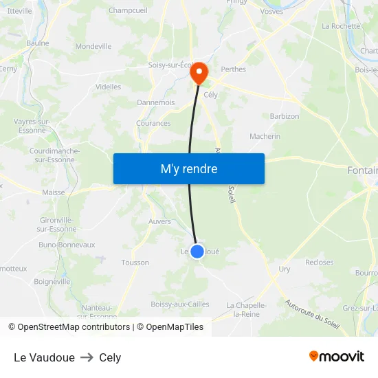 Le Vaudoue to Cely map