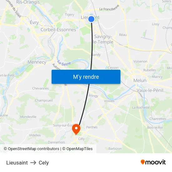 Lieusaint to Cely map