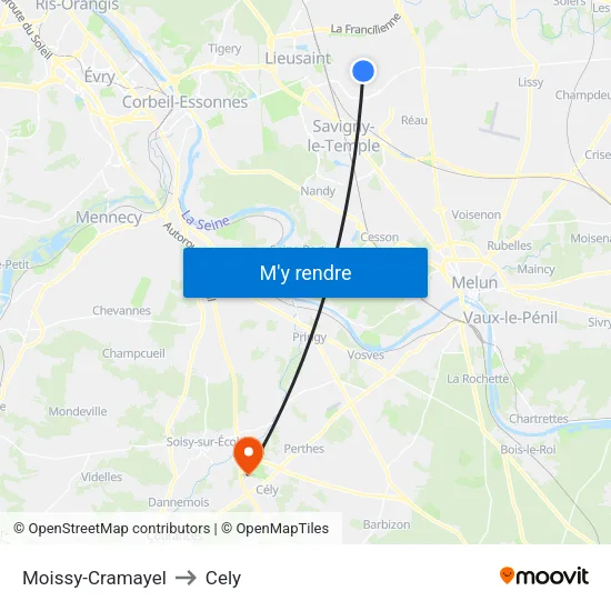 Moissy-Cramayel to Cely map