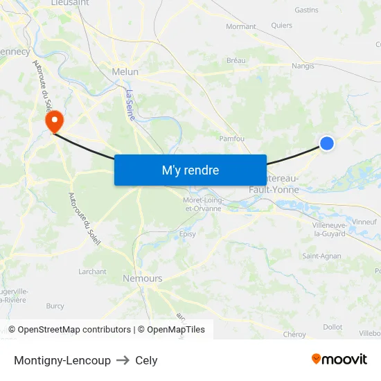 Montigny-Lencoup to Cely map