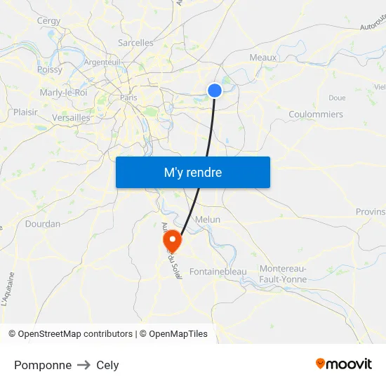 Pomponne to Cely map