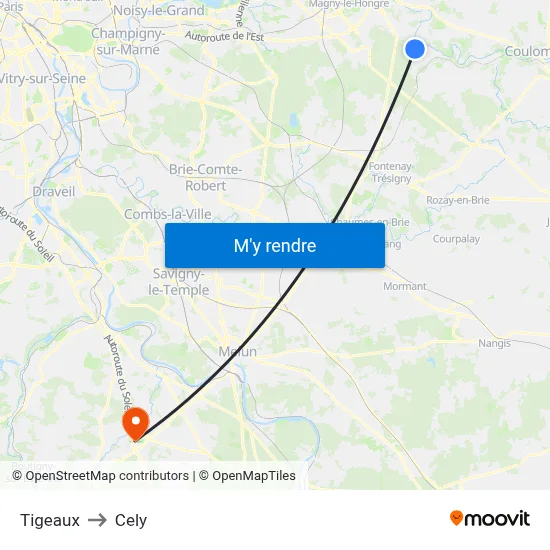 Tigeaux to Cely map