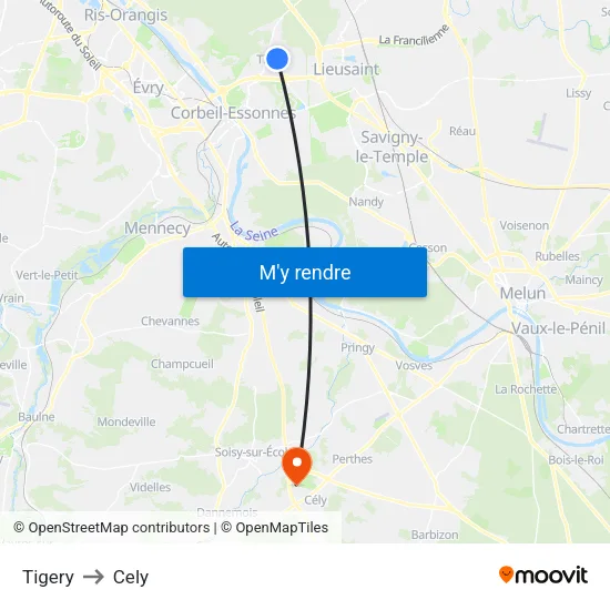 Tigery to Cely map